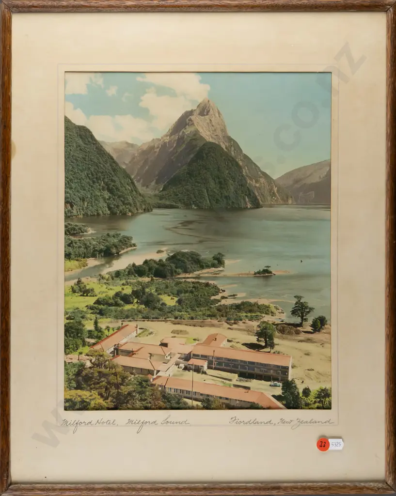 framed vintage hand coloured photograph "Milford Hotel, Milford Sound, Fiordland" H350 W280 Image 1++
