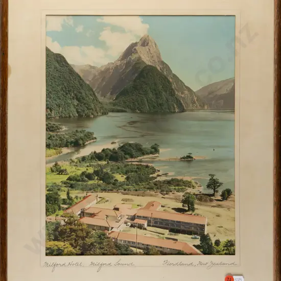 framed vintage hand coloured photograph "Milford Hotel, Milford Sound, Fiordland" H350 W280