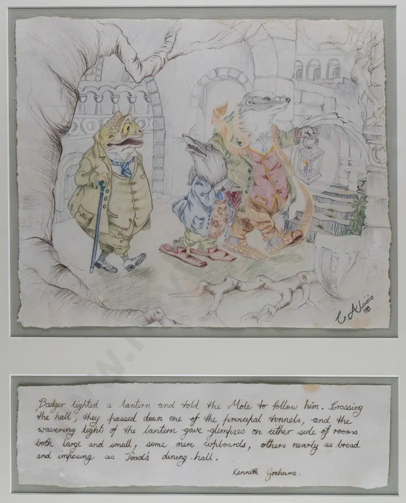 C Aloisis 1989 -- framed coloured pencil on paper, scene from 'Wind in the Willows', H-380 W-300 Image 1++