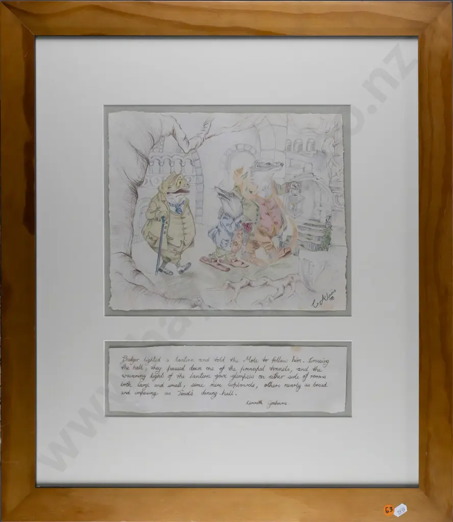 C Aloisis 1989 -- framed coloured pencil on paper, scene from 'Wind in the Willows', H-380 W-300 Image 1++