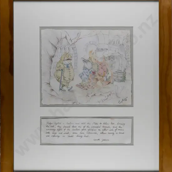 C Aloisis 1989 -- framed coloured pencil on paper, scene from 'Wind in the Willows', H-380 W-300