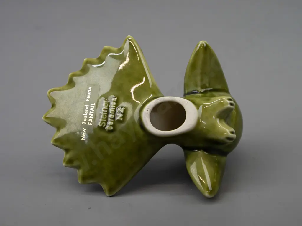 Steiner Ceramics NZ fantail figurine w/ moss green glaze H-95 W-110 Image 1++
