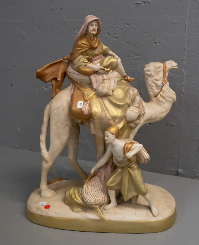 large Royal Dux Bohemian figure of a Bedouin, camel and attendant - minor scratching H-470 W-350 Image 1++