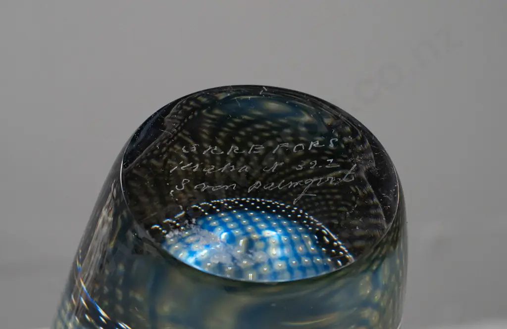 art glass vase - very heavy oval profile Orrefors / Sven Palmqvist fine bubble swirl pattern fading to blue top - Image 1++
