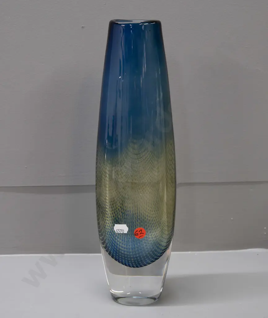 art glass vase - very heavy oval profile Orrefors / Sven Palmqvist fine bubble swirl pattern fading to blue top - Image 1++