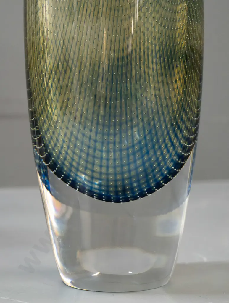 art glass vase - very heavy oval profile Orrefors / Sven Palmqvist fine bubble swirl pattern fading to blue top - Image 1++