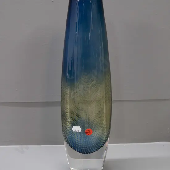 art glass vase - very heavy oval profile Orrefors / Sven Palmqvist fine bubble swirl pattern fading to blue top -