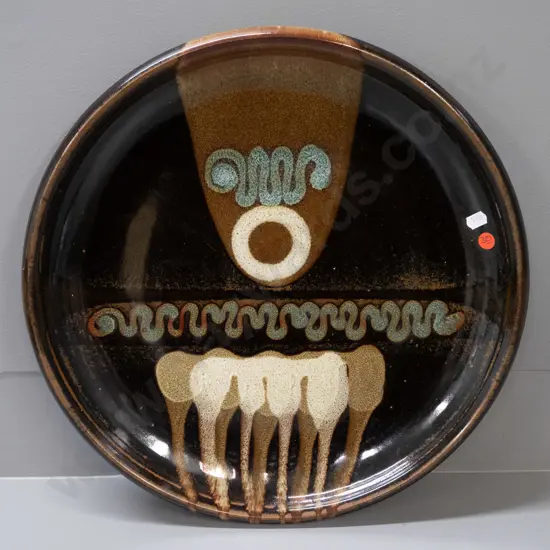 Brian Gartside studio pottery large wall charger with fabric hanging disc D-410
