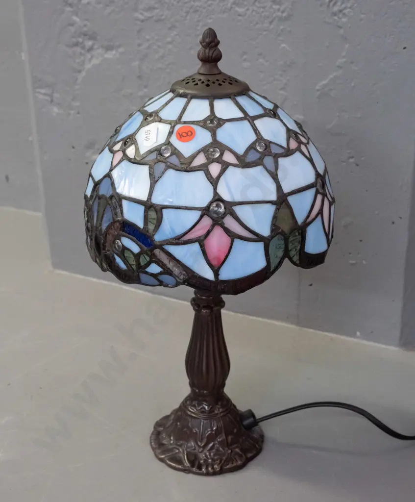 small Tiffany style table lamp with blue, multi colour and clear cabuchon floral leadlight shade H-370 Shade D-200 Image 1++