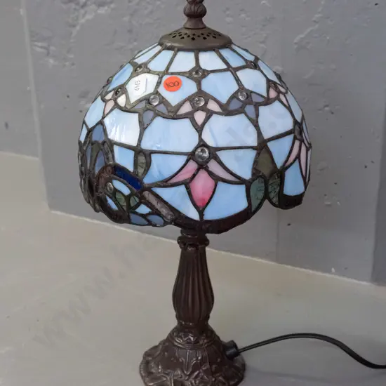small Tiffany style table lamp with blue, multi colour and clear cabuchon floral leadlight shade H-370 Shade D-200