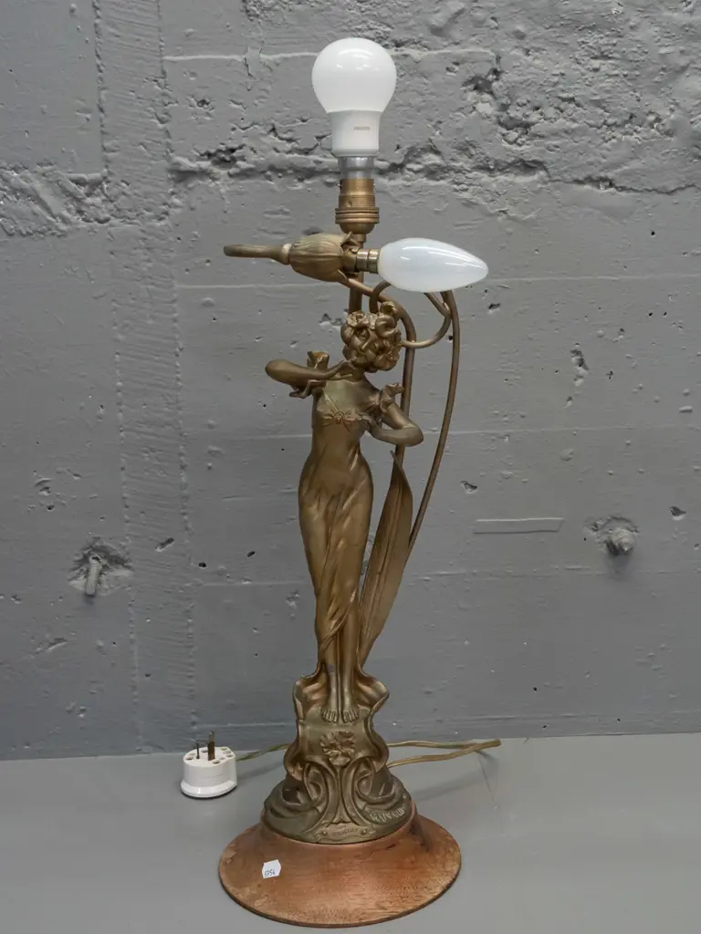 vintage French nouveau style figural table lamp - cold painted white metal on turned wooden base, Image 1++