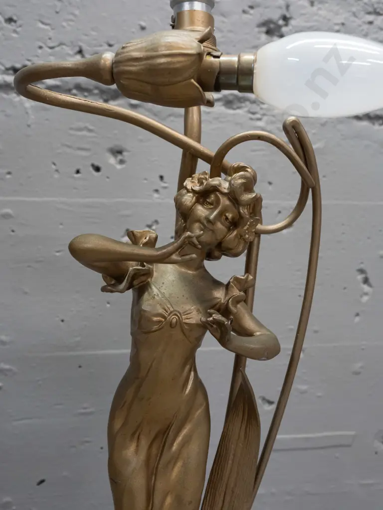 vintage French nouveau style figural table lamp - cold painted white metal on turned wooden base, Image 1++