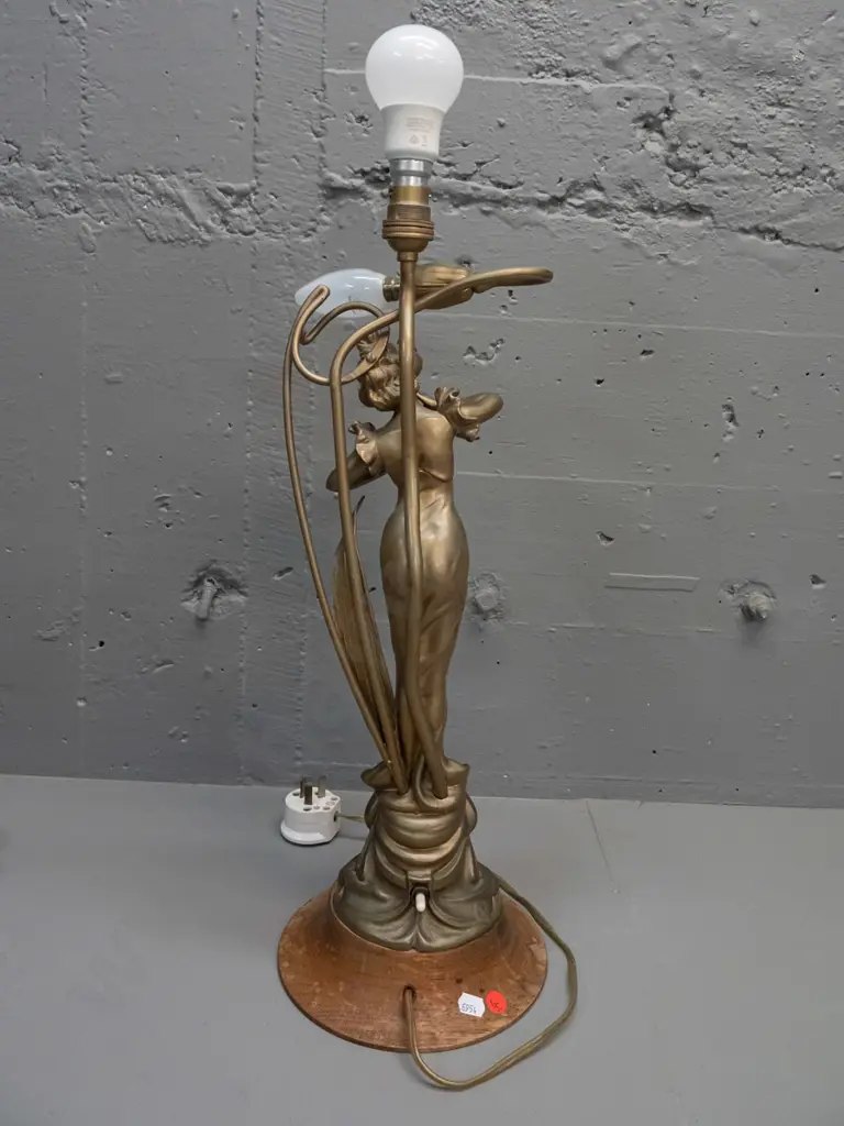 vintage French nouveau style figural table lamp - cold painted white metal on turned wooden base, Image 1++