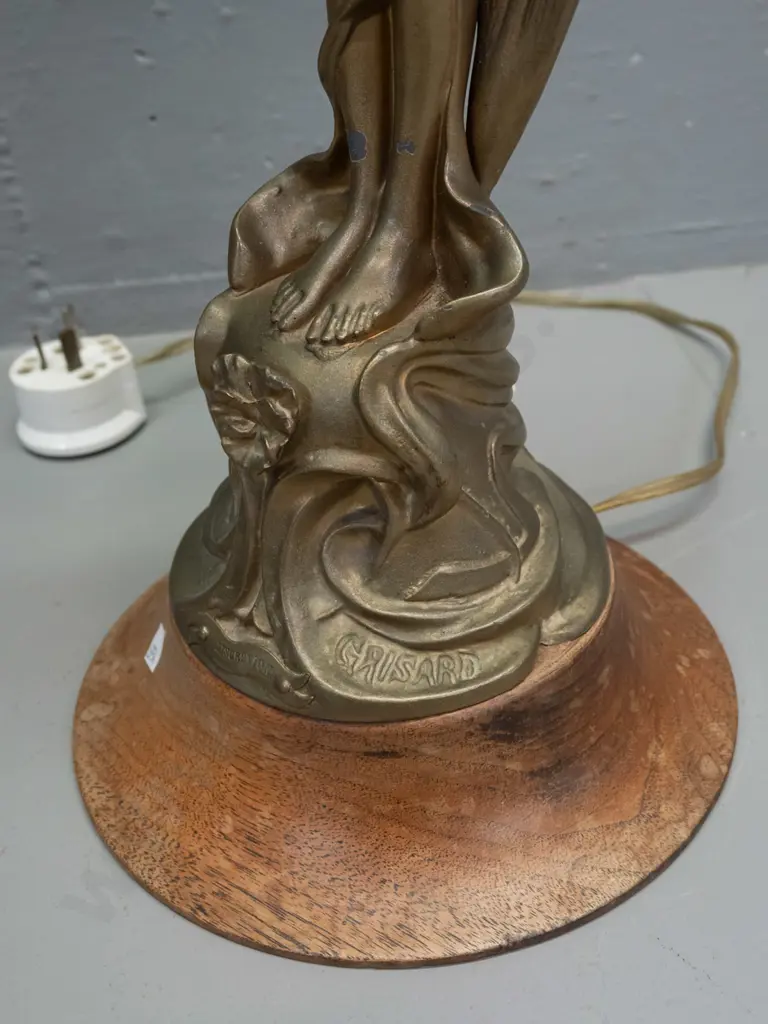 vintage French nouveau style figural table lamp - cold painted white metal on turned wooden base, Image 1++