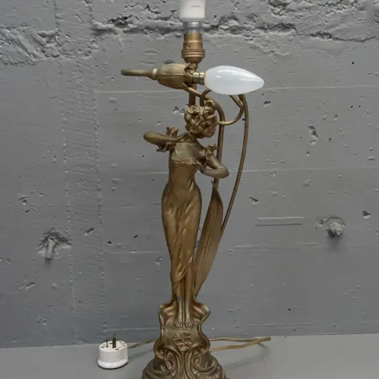 vintage French nouveau style figural table lamp - cold painted white metal on turned wooden base,