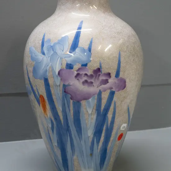 large (Japanese?) vase with irises and swirled gilt background pattern H-320 D-180