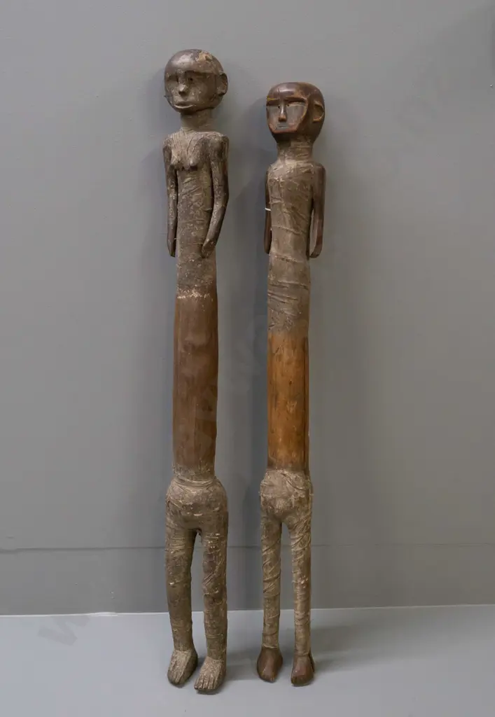 African pair of male and female carved wooden figures with fabric wrapping - Nyamwezi tribe, Tanzania - male figure has Image 1++