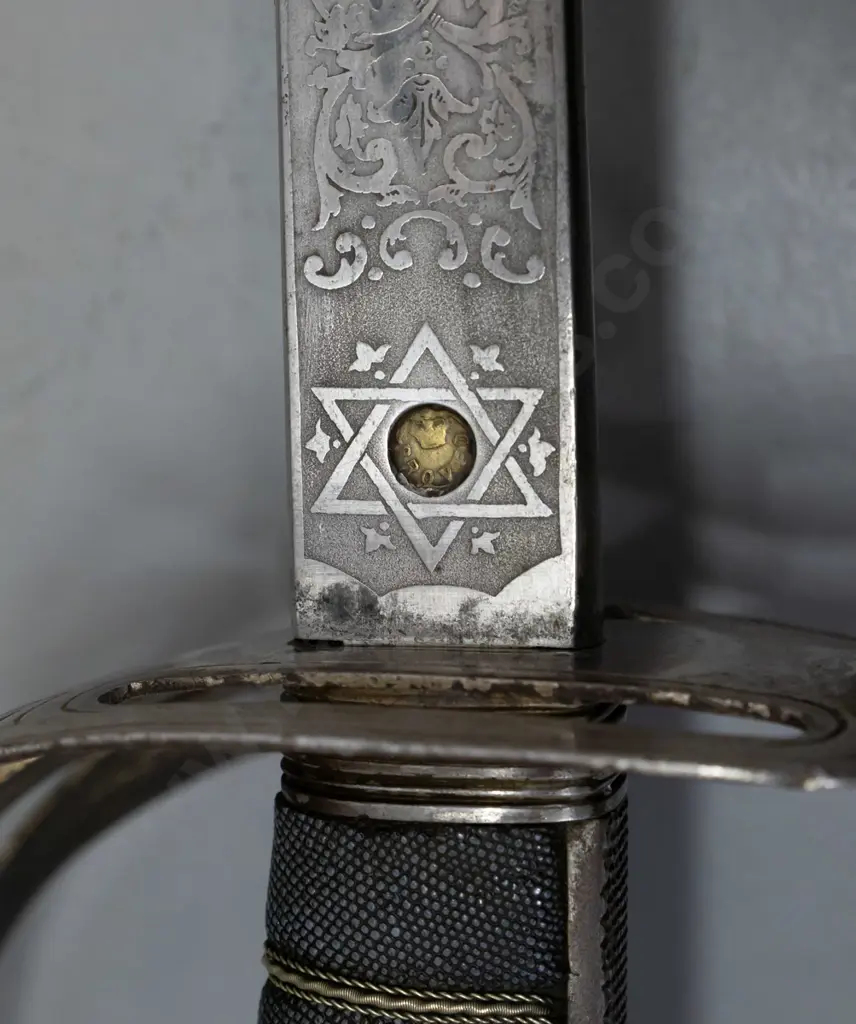 Manton of Calcutta officer's dress sword with etched decoration to blade, pierced hilt with crown, horn and ribbon Image 1++