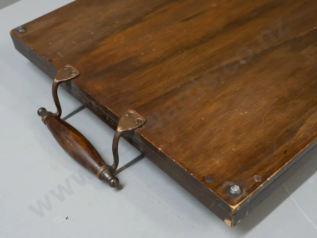 vintage figured mahogany serving tray with wood and copper handles - some scratching and staining W-620 D-330 Image 1++