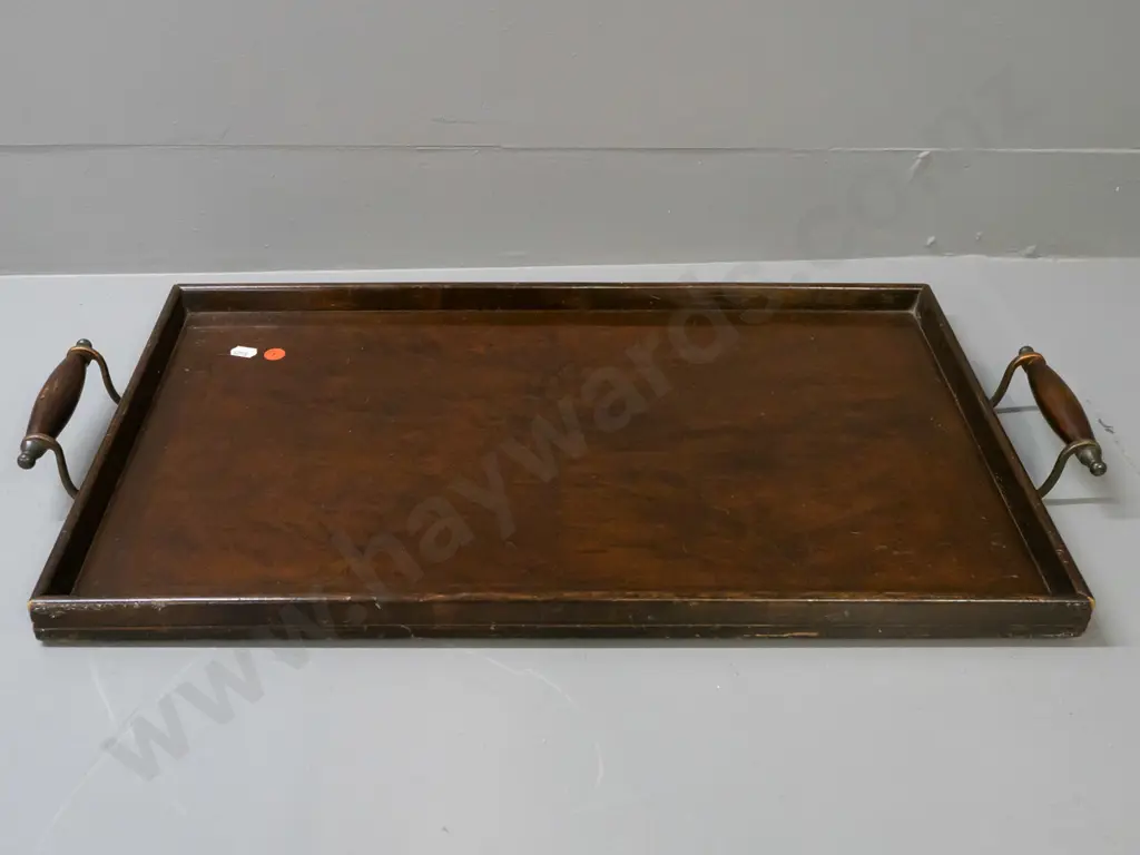 vintage figured mahogany serving tray with wood and copper handles - some scratching and staining W-620 D-330 Image 1++