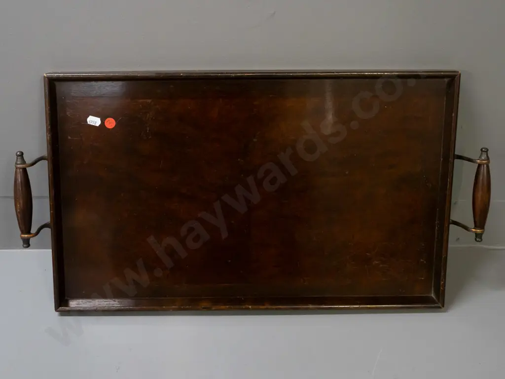 vintage figured mahogany serving tray with wood and copper handles - some scratching and staining W-620 D-330 Image 1++
