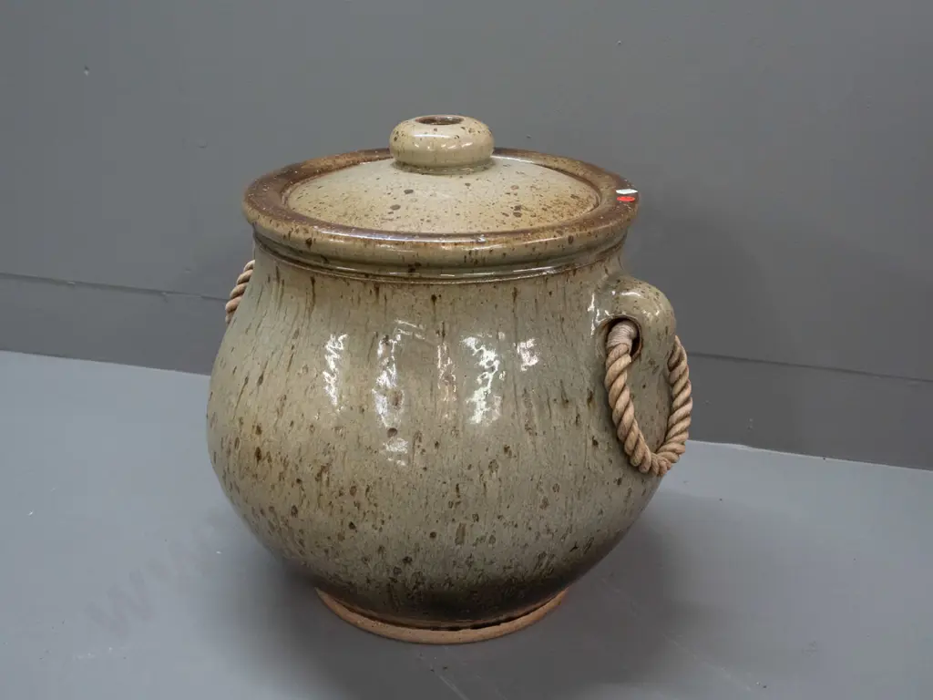 Lawrence Ewing New Zealand studio pottery very large lidded pot with rope handles H-400 D-400 Image 1++