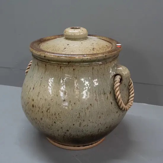 Lawrence Ewing New Zealand studio pottery very large lidded pot with rope handles H-400 D-400