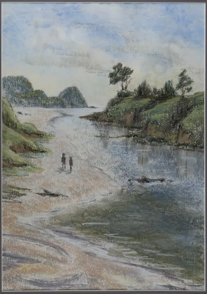 illegible signature- framed pastel - people walking on beach H420 W300 Image 1++
