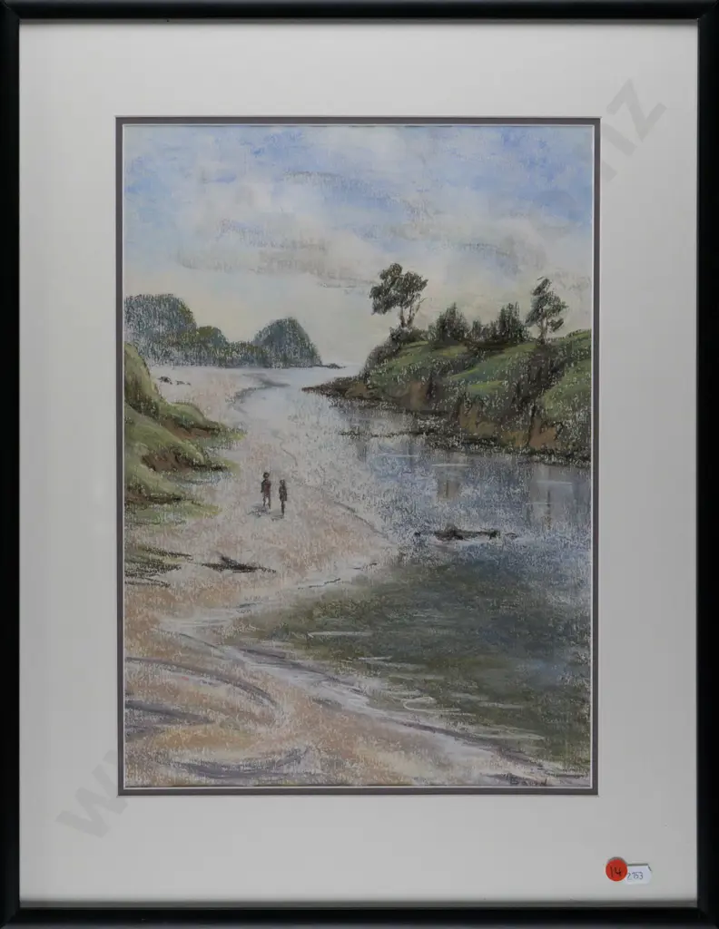 illegible signature- framed pastel - people walking on beach H420 W300 Image 1++