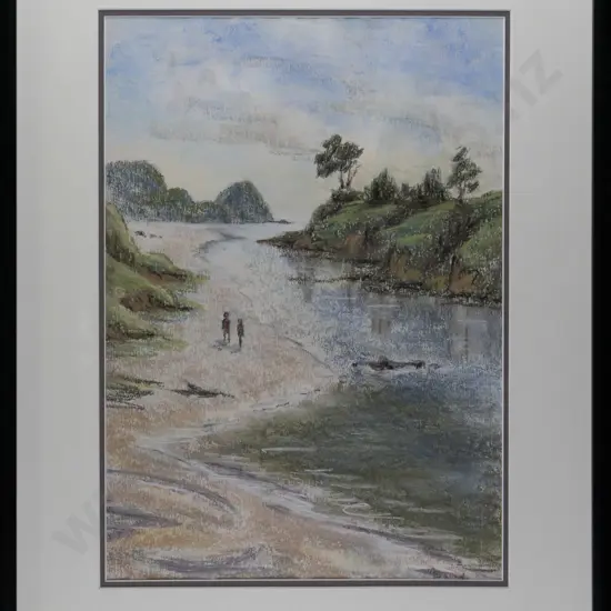 illegible signature- framed pastel - people walking on beach H420 W300