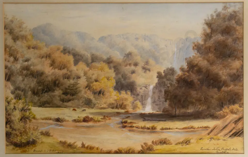 Ernest Decimus Stocks 1906 -- framed watercolour "Eurobin Falls, Buffalo Mts. Victoria" H-355 W-570 [fading, foxing, Image 1++