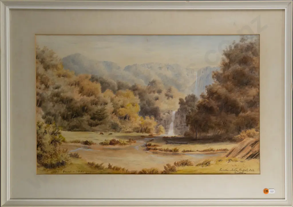 Ernest Decimus Stocks 1906 -- framed watercolour "Eurobin Falls, Buffalo Mts. Victoria" H-355 W-570 [fading, foxing, Image 1++