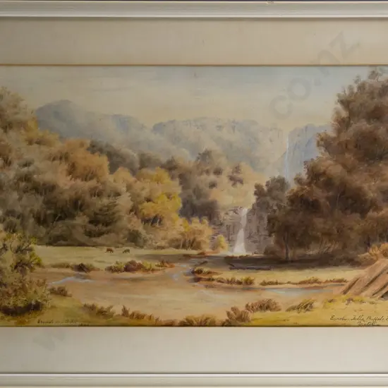 Ernest Decimus Stocks 1906 -- framed watercolour "Eurobin Falls, Buffalo Mts. Victoria" H-355 W-570 [fading, foxing,