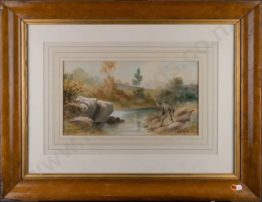 Unknown artist, framed watercolour, fishing scene H-170 W-315 Image 1++