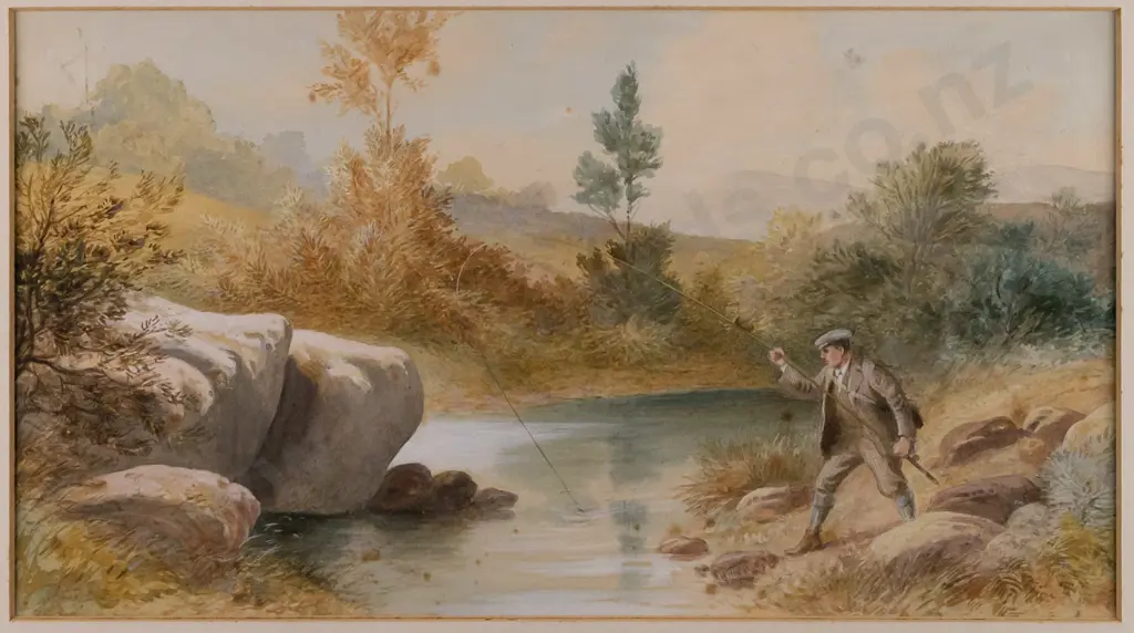 Unknown artist, framed watercolour, fishing scene H-170 W-315 Image 1++