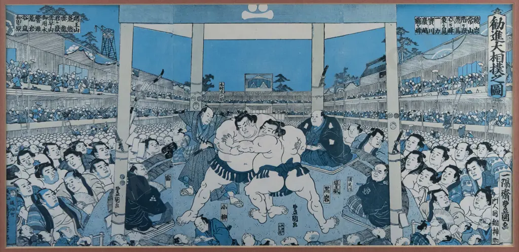 framed Japanese print - sumo wrestling H180 W380 Image 1++