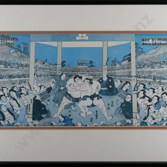 framed Japanese print - sumo wrestling H180 W380