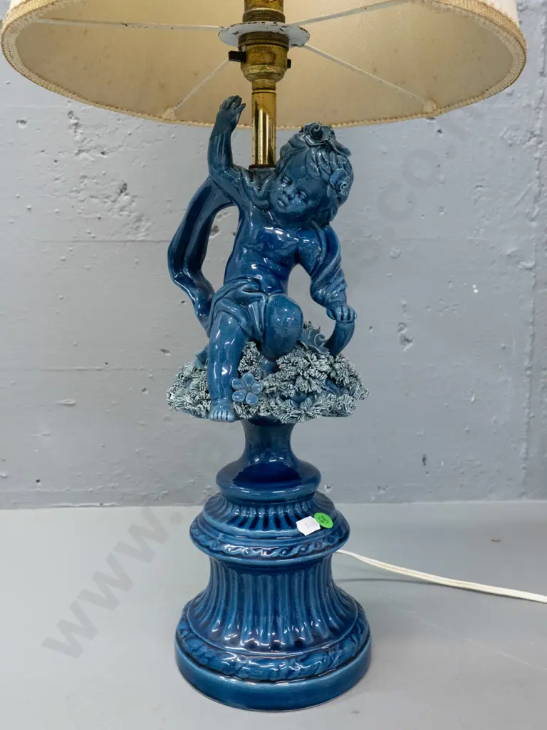 antique Italian-made blue-glazed ceramic table lamp w/ cherub & raised floral details, waisted fluted gold-rimmed cloth Image 1++