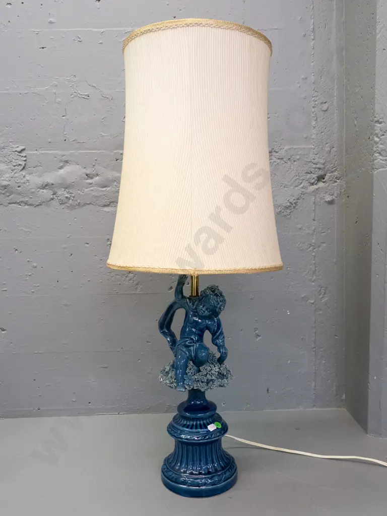 antique Italian-made blue-glazed ceramic table lamp w/ cherub & raised floral details, waisted fluted gold-rimmed cloth Image 1++