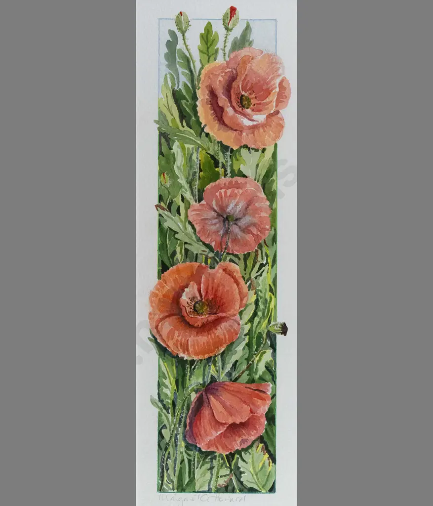 Margaret A Howard, framed watercolour, poppies, H-330 W-105 Image 1++