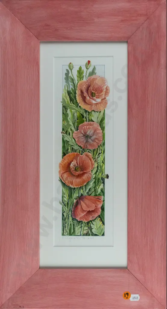 Margaret A Howard, framed watercolour, poppies, H-330 W-105 Image 1++