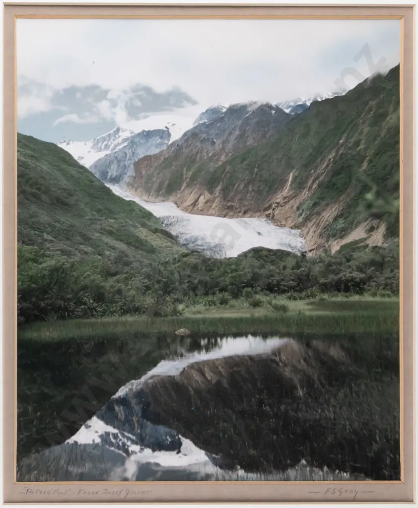 framed FS Gray vintage hand coloured photograph "Peter's Pool - Franz Josef Glacier" H280 W230 Image 1++