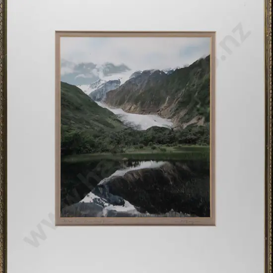 framed FS Gray vintage hand coloured photograph "Peter's Pool - Franz Josef Glacier" H280 W230
