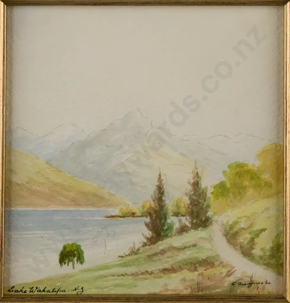 illegible signature - gilt framed watercolour "Lake Wakatipu" H120 W120 Image 1++