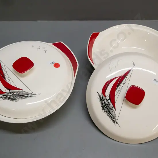 2x Palissy Red Regatta covered dishes H-110 D-240