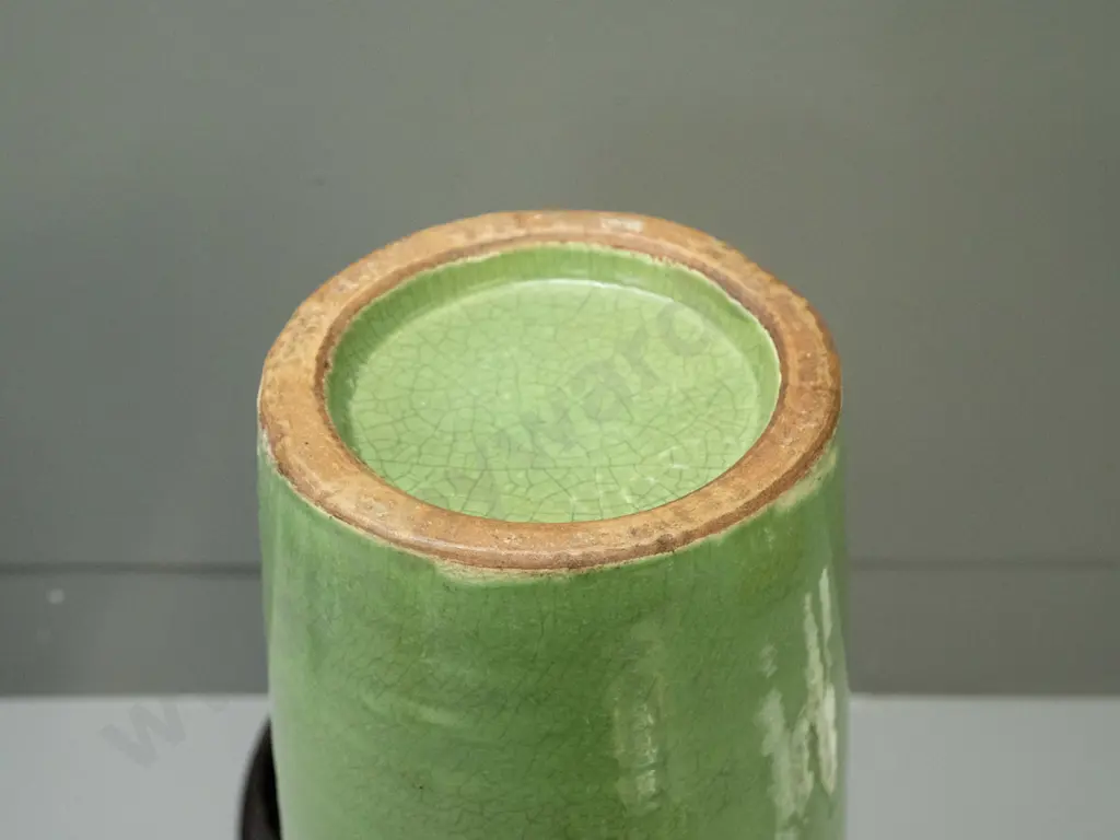large Chinese green-glazed vase w/ moulded Foo Dog handles, & carved wooden stand H-480 [repair to rim, hairline cracks Image 1++