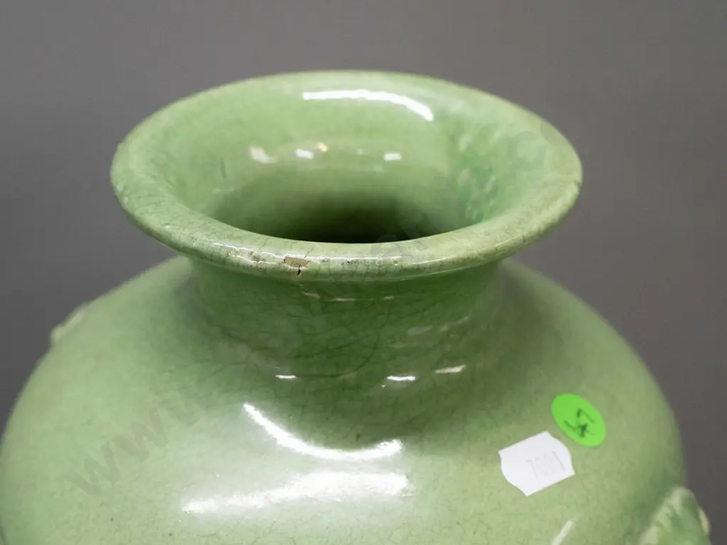 large Chinese green-glazed vase w/ moulded Foo Dog handles, & carved wooden stand H-480 [repair to rim, hairline cracks Image 1++
