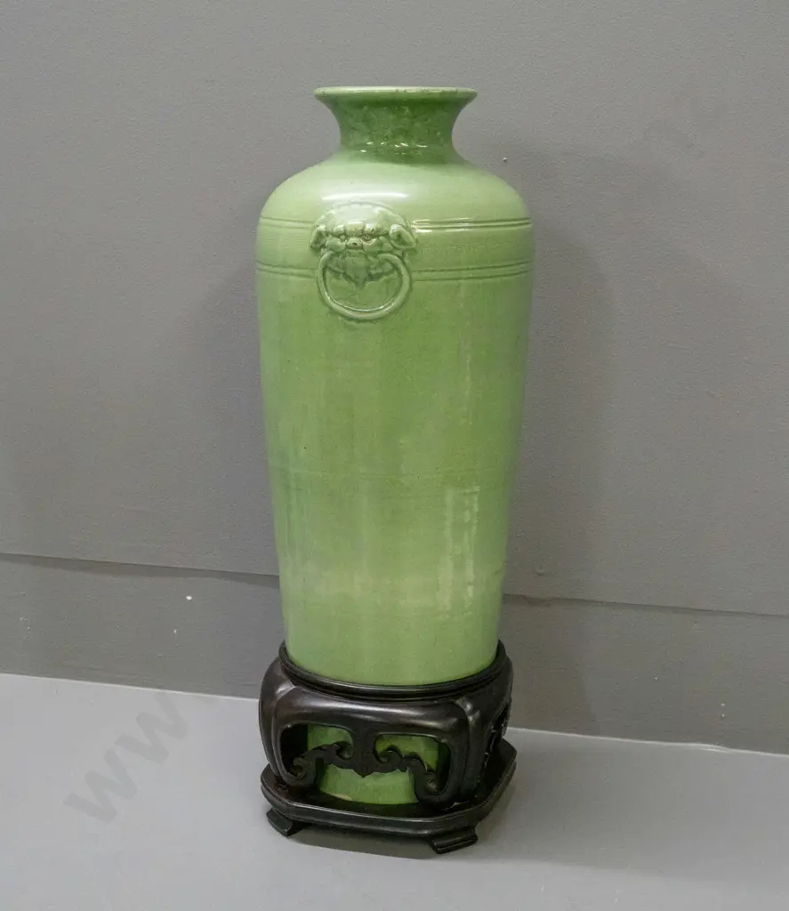 large Chinese green-glazed vase w/ moulded Foo Dog handles, & carved wooden stand H-480 [repair to rim, hairline cracks Image 1++