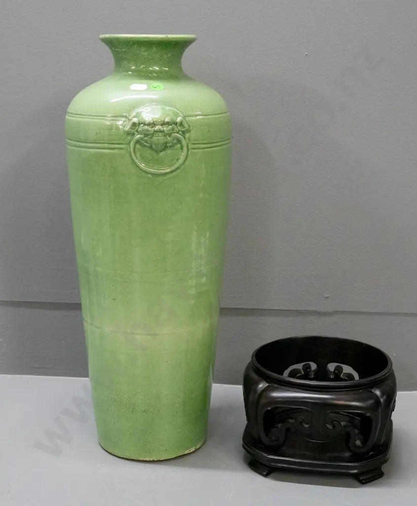 large Chinese green-glazed vase w/ moulded Foo Dog handles, & carved wooden stand H-480 [repair to rim, hairline cracks Image 1++