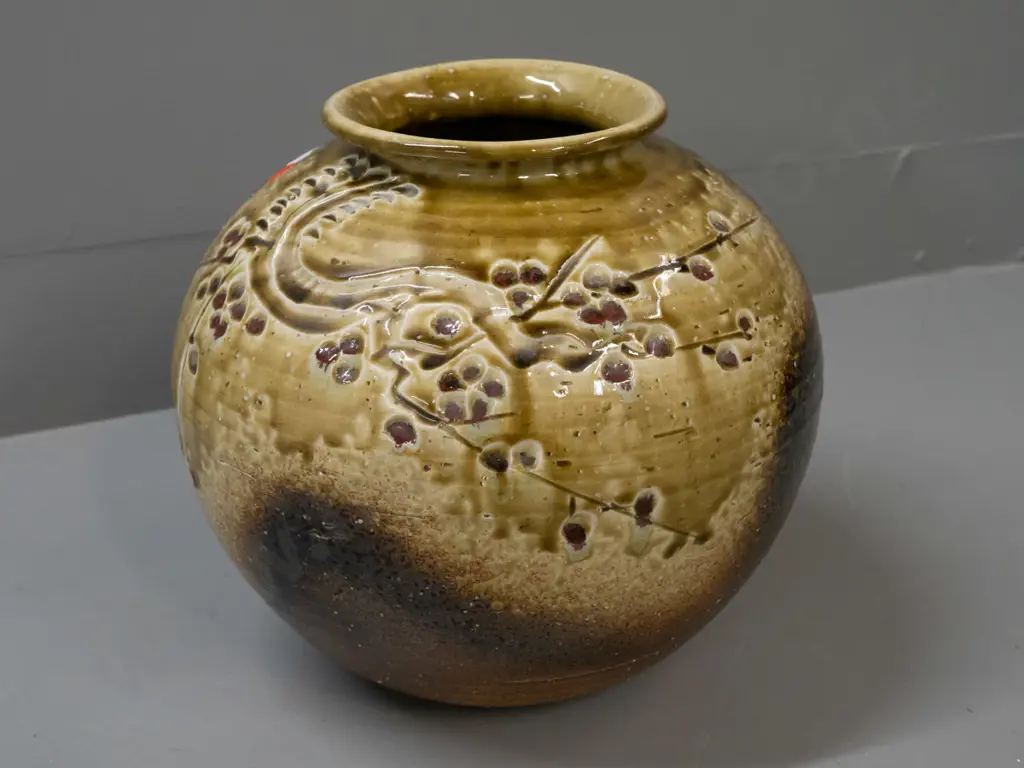 Japanese wood-fired trickle glaze studio pottery branch pot with incised blossom motifs - see photos for marks H-250 Image 1++
